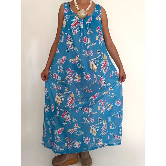 70s vintage blue abstract print sheer long maxi dress resortwear kaftan cover up - Picture 2 of 9